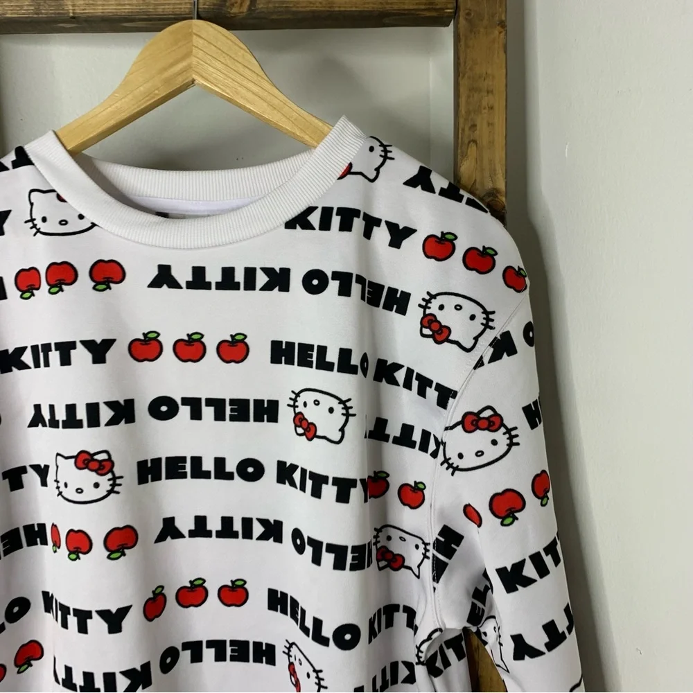 Hello Kitty Repeat Text Women's White Crew Neck Long Sleeve Sweatshirt L - Picture 2 of 8